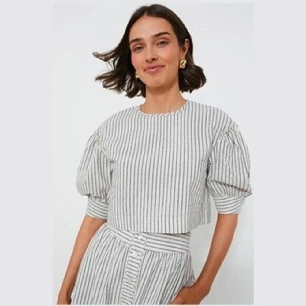 NWT Tuckernuck Edie Linen Puff Sleeve Crop Top in Blue Stripe - Size: Medium - Picture 3 of 12